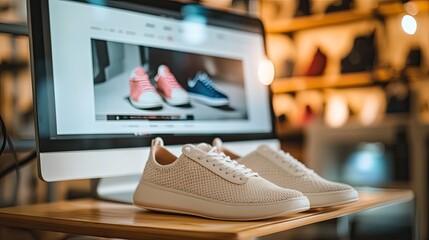 Sneakers are displayed on a shop counter with a computer in the background showing an online store selling the same shoes