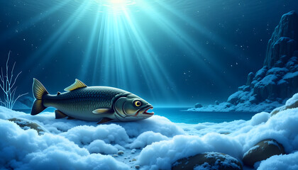 Fototapeta premium Fish swimming in snowy water with illuminated background