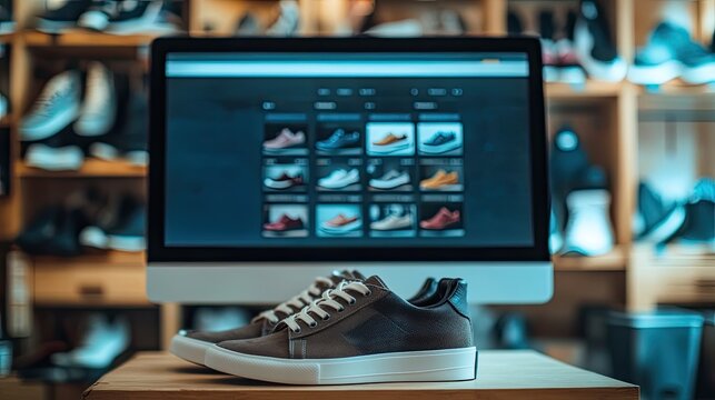 Sneakers are displayed on a shop counter with a computer in the background showing an online store selling the same shoes