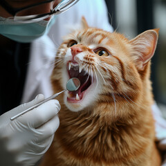 Examination of the oral cavity of a ginger cat at the veterinarian. Diseases and treatment of teeth and gums of domestic animals.