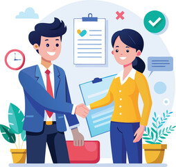 People shaking hands at work - Two businesspeople, man and woman doing handshake in office at work while smiling over business agreement and deal. Flat design stock illustration on white background