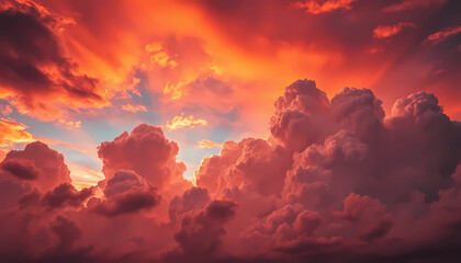Vibrant sunset illuminating fluffy clouds in shades of orange and pink