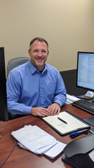 Fototapeta premium Caucasian male adult in office attire smiling at desk