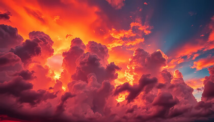 Vibrant sunset illuminating fluffy clouds in shades of orange and pink