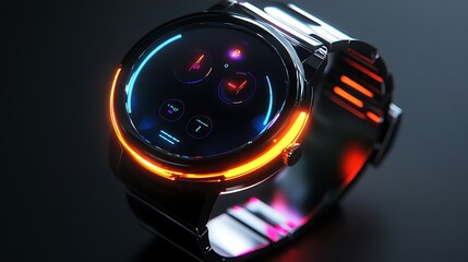 A modern smartwatch with a sleek interface placed on a black background with light highlighting its features