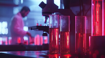 Automated machine analyzing orange liquid samples in test tubes in a modern laboratory, showcasing advanced scientific research and analysis