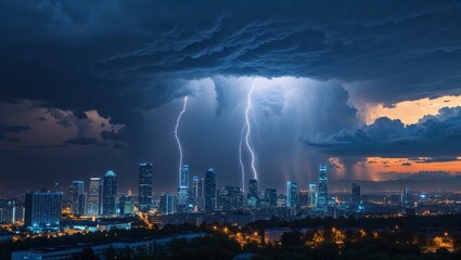 Dramatic Thunderstorm Over Modern Cityscape, Showcasing Stark Contrast Between Nature’s Fury and Urban Landscape