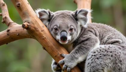 Fototapeta premium Koala resting on tree branch in a lush green environment