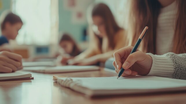 Elementary school students diligently taking notes in their notebooks while engaged in a lesson, surrounded by classmates and focused on their teachers instructions