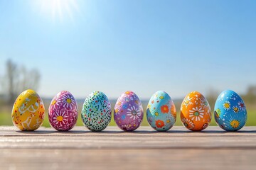 Colorful painted easter eggs on wooden table