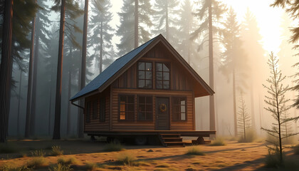 Charming wooden cabin nestled among tall trees in a serene forest