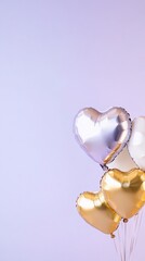 Fototapeta premium Floating golden and silver heart shaped balloons against a pastel purple background, creating a festive and romantic atmosphere for valentine's day and special celebrations