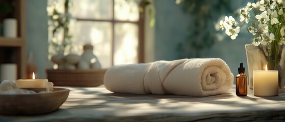 Relaxing spa setting with candles and essential oils tranquil room lifestyle image soft natural light serenity concept