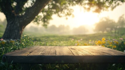 Naklejka premium A wooden tree table podium displayed on a farm for food, perfume, and other products, set against a natural background with grass and morning sunlight