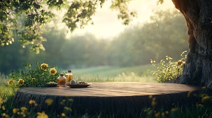 Fototapeta premium A wooden tree table podium displayed on a farm for food, perfume, and other products, set against a natural background with grass and morning sunlight