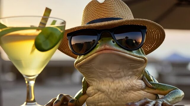 Stylish frog enjoying cocktail at sunset bar