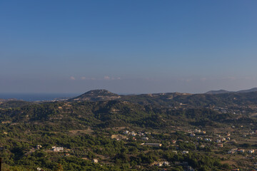 Fototapeta premium Filerimos Cross pilgrimage site and garden with landscape view. Rhohos Island in Greece