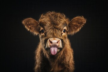 Fototapeta premium Adorable highland cow calf sticking out tongue on black background