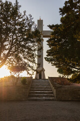 Obraz premium Filerimos Cross pilgrimage site and garden with landscape view. Rhohos Island in Greece