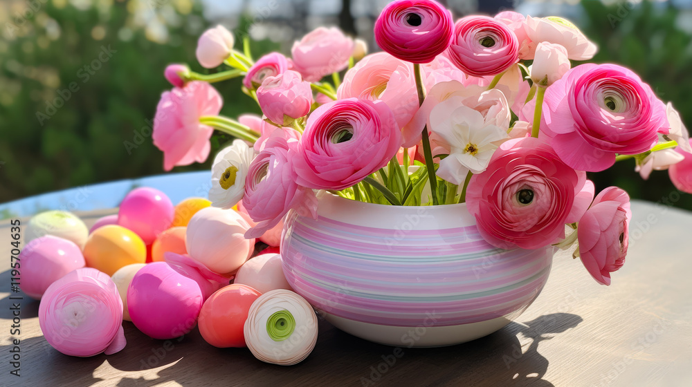 Aufkleber vibrant spring flowers and colorful eggs create a festive atmosphere in a sunlit garden setting