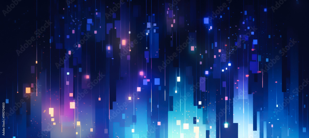 Poster Colorful digital abstract art showcasing vertical streams of light against a dark background in a dynamic composition