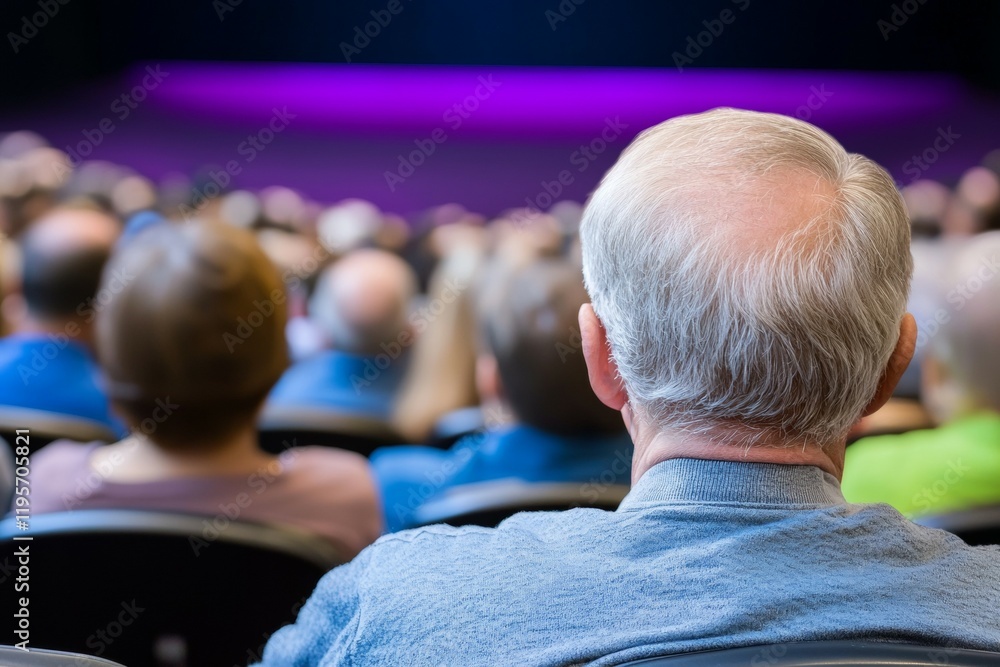Poster man with a bald head sits in a theater with a crowd of people
