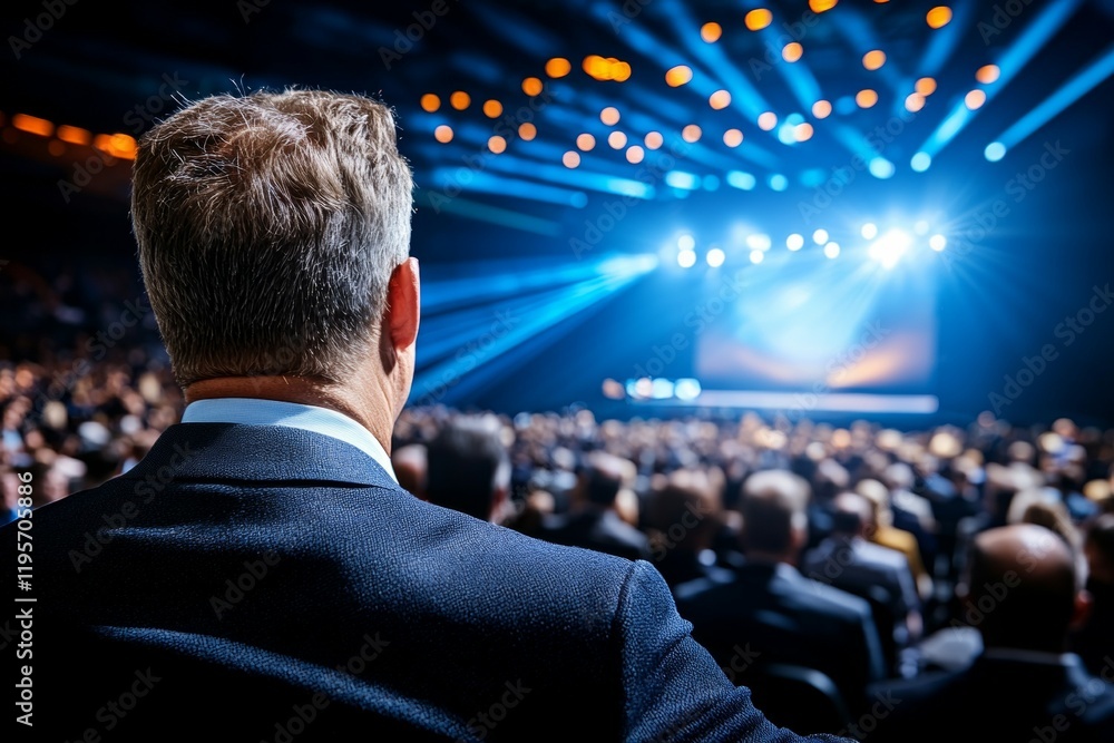 Poster man in a suit is standing in front of a large crowd of people