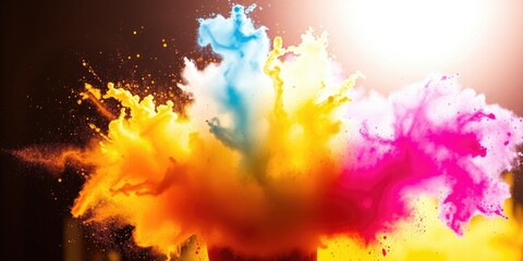 A spectacular display of bright Holi powders bursts into the air, creating a vivid and colorful background for the joyous festival celebrating spring and love