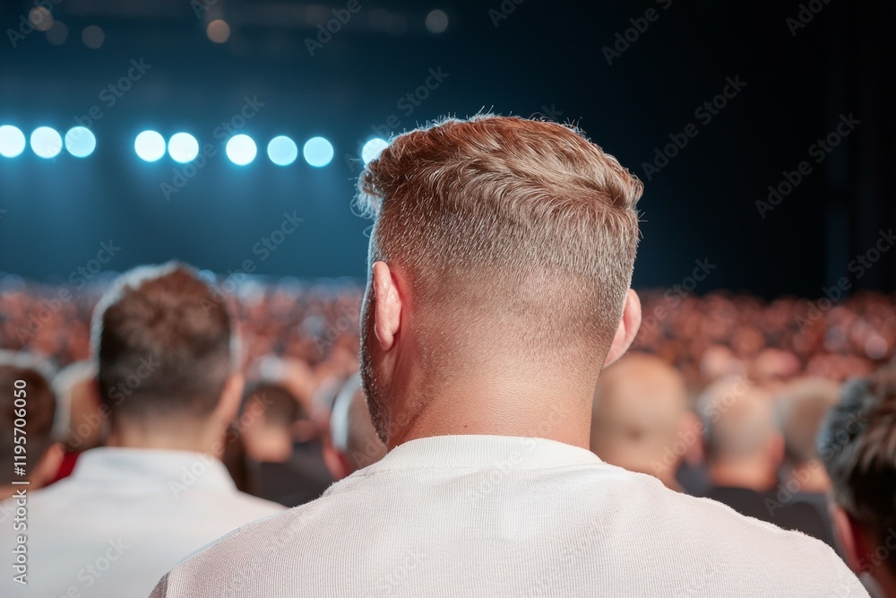 Poster man with a shaved head is looking at the camera in a crowd