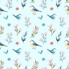 seamless pattern with bright spring flowers and birds on a blue background