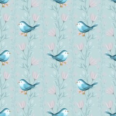 Fototapeta premium seamless pattern with bright spring flowers and birds on a blue background