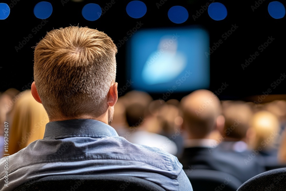 Poster man sits in a chair in front of a large screen