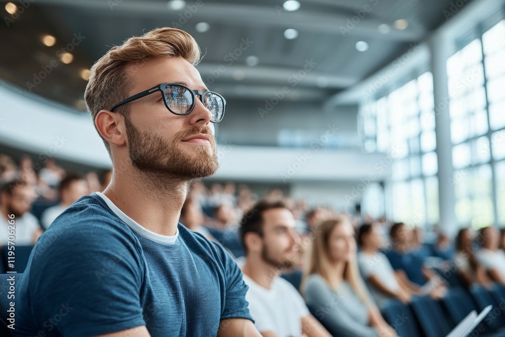 Poster man with glasses is sitting in a classroom with other students