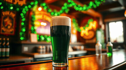 Pint of green beer on wooden bar counter in irish pub, celebrating st. Patrick's day with festive decorations, blurred background with garlands of lights, cozy warm interior atmosphere with no people