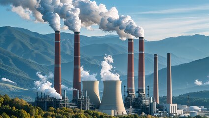 Industrial Power Plant with Smoke Stacks Against the Horizon, Symbolizing Energy Production and Environmental Concerns