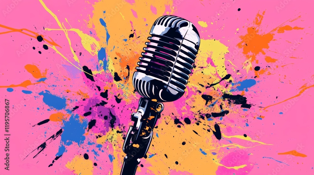 Poster vintage microphone is depicted against a vibrant backdrop of colorful splatters, creating a visually