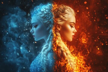 Princess showing fire and ice duality, fantasy portrait