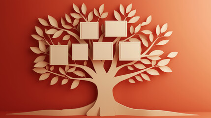 3d beige genealogical family tree template with blank empty cells on red background, personal history, ancestry, heritage. Frames for icons and photos	