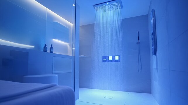 A high-tech smart shower system with touch controls and customizable settings in a sleek bathroom, symbolizing modern personal care and tech integration, Bathroom scene