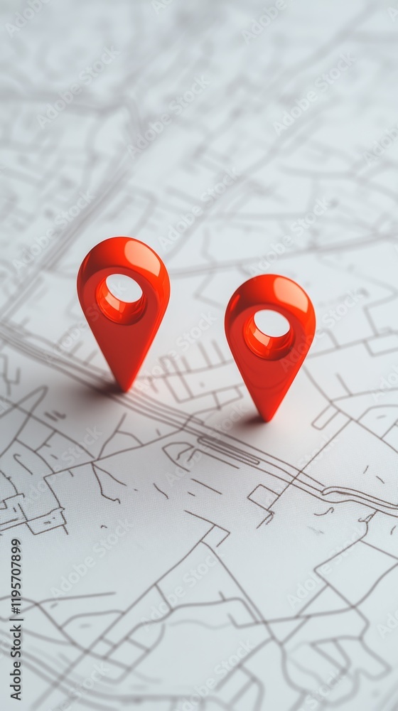 Poster Two red location pins are positioned on a detailed map, indicating specific points of interest for planning a route or marking destinations