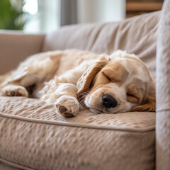 Cream-Colored Cocker Spaniel Sound Asleep on Plush Sofa