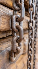 Obraz premium Close-up view of heavy steel chains suspended from a rock wall, showcasing the dramatic textures of the red cliffs in bright daylight