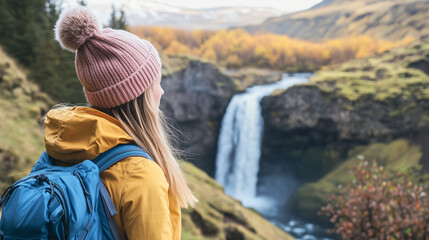 Naklejka premium Woman Overlooking Skogafoss Waterfall in Iceland Adventure Travel Photography