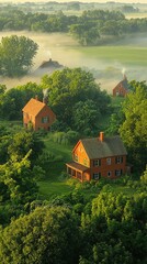 Serene Morning View: Foggy Fields and a Rustic Rural Homestead at Sunrise