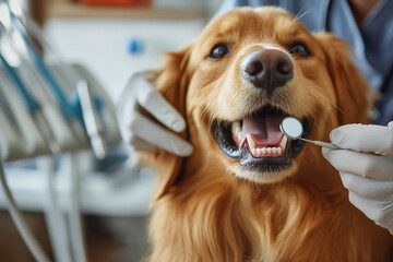 Treatment of diseased teeth in dogs by a veterinarian. Dentistry, prevention and oral health of pets.