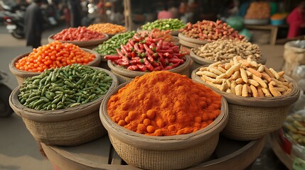 Fototapeta premium Vibrant Indian Spice Market: A Colorful Array of Spices in Rustic Bowls