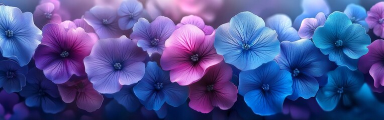 A seamless pattern of purple and blue magical flowers with a soft abstract background. Ideal for textiles, wallpapers, and artistic projects.