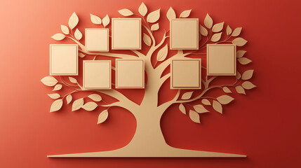 3d beige genealogical family tree template with blank empty cells on red background, personal history, ancestry, heritage. Frames for icons and photos	