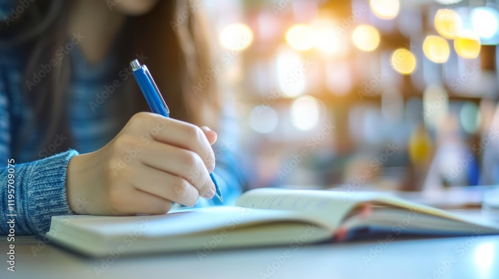 Poster Close up of a student's hand writing notes in a notebook at a university library, capturing the essence of learning and academic pursuits in a warm and inviting atmosphere