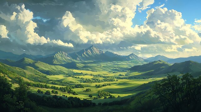 A dramatic mountain landscape with rolling clouds casting shadows over a lush green valley